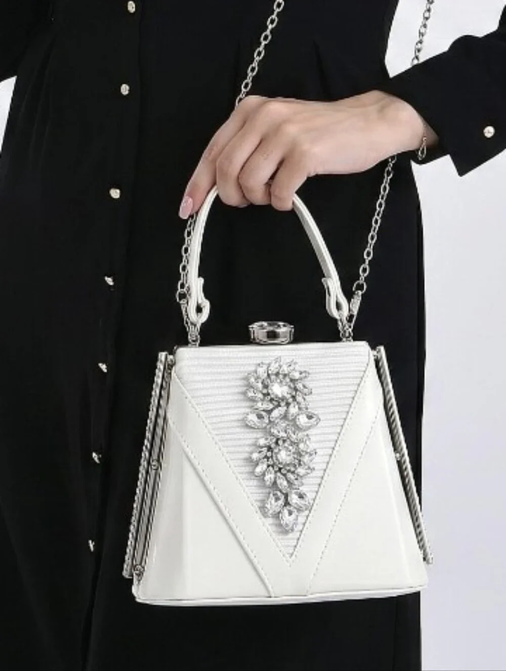 LA MAREY White Faux Leather Clutch/ Convertible Xbody Rhinestones